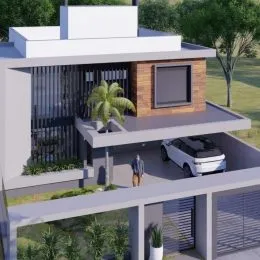 Fachada moderna de uma residência com terraço em Lajeado, Brasil.