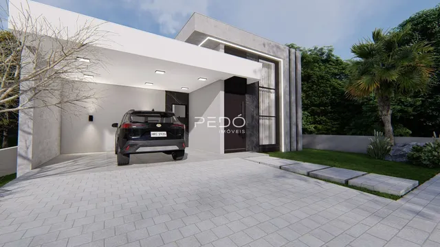 Fachada moderna de uma residência em Lajeado, Brasil, com entrada coberta e área pavimentada.