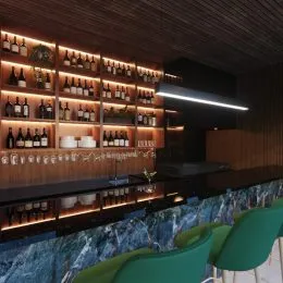 Ambiente interno com estantes de madeira e balcão escuro em uma residência.