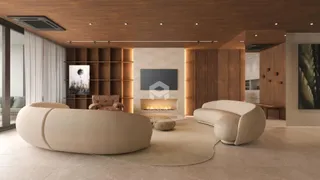 Sala de estar moderna com painéis de madeira e lareira.