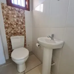 Foto de um vaso sanitário branco em um banheiro.
