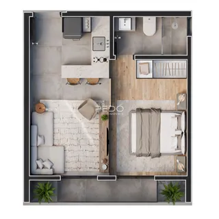 Planta baixa de um apartamento moderno em Lajeado, Brasil, mostrando a integração das áreas social e íntima.