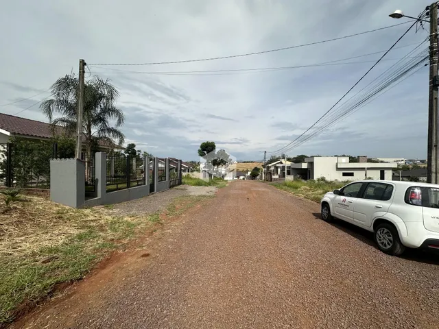 Vista da rua de terra entre propriedades residenciais em Lajeado.