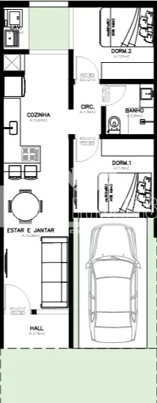 Planta baixa de um imóvel residencial mostrando a disposição dos cômodos.