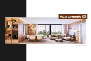 Sala de estar e jantar moderna com grandes janelas em um apartamento.
