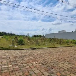 Vista externa de um terreno com pavimentação de tijolos e vegetação no primeiro plano.