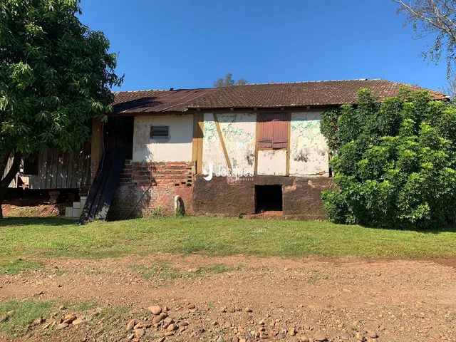 Fachada de uma residência com paredes desgastadas e vegetação ao redor.