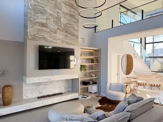 Sala de estar moderna com parede de pedra e estante em Lajeado.