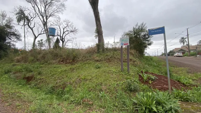 Vista externa de uma área com vegetação densa e sinalização de rua.