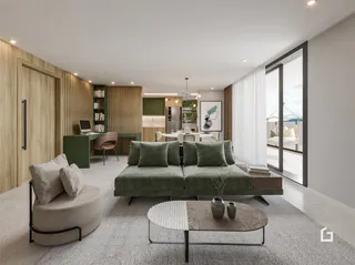 Sala de estar moderna com sofá e painéis de madeira.