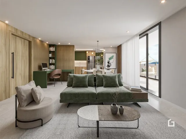 Sala de estar moderna com sofá e painéis de madeira.