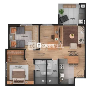 Planta baixa de um apartamento mostrando a disposição dos cômodos como quarto, escritório e banheiro.