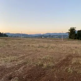 Paisagem de campo aberto com colinas ao fundo.