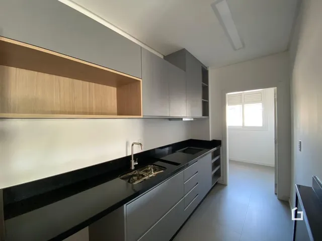 Foto de uma cozinha com armários cinzas e bancada escura.