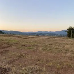 Vista de um campo aberto e seco sob um céu claro.