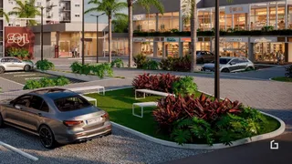 Vista externa de uma propriedade com paisagismo e estacionamento.