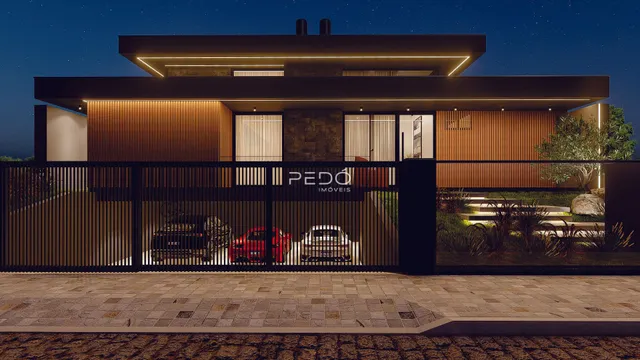Fachada moderna de uma residência em Lajeado, Brasil, com portão de ferro.