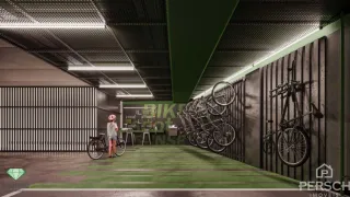 Ambiente interno com piso verde e estruturas de parede de madeira.