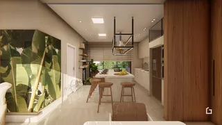 Ambiente moderno de sala de estar com cozinha integrada em Lajeado.