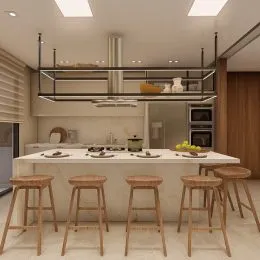 Foto de uma cozinha moderna com ilha central e banquetas.