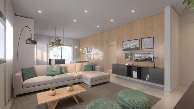 Sala de estar moderna com sofá e decoração em madeira clara.