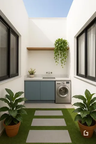 Interior de uma área clara com janelas grandes e plantas decorativas.