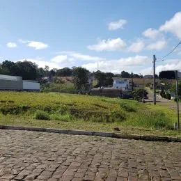 Vista externa de um campo gramado com vegetação e árvores ao fundo.