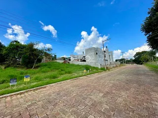 Vista externa de uma propriedade com uma estrada de paralelepípedos e vegetação ao redor.