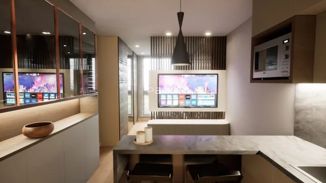 Sala de estar moderna com decoração contemporânea e móveis planejados.