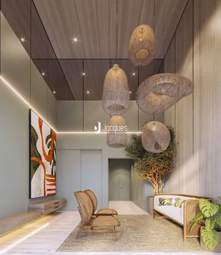 Sala de estar moderna com decoração de palha e madeira.