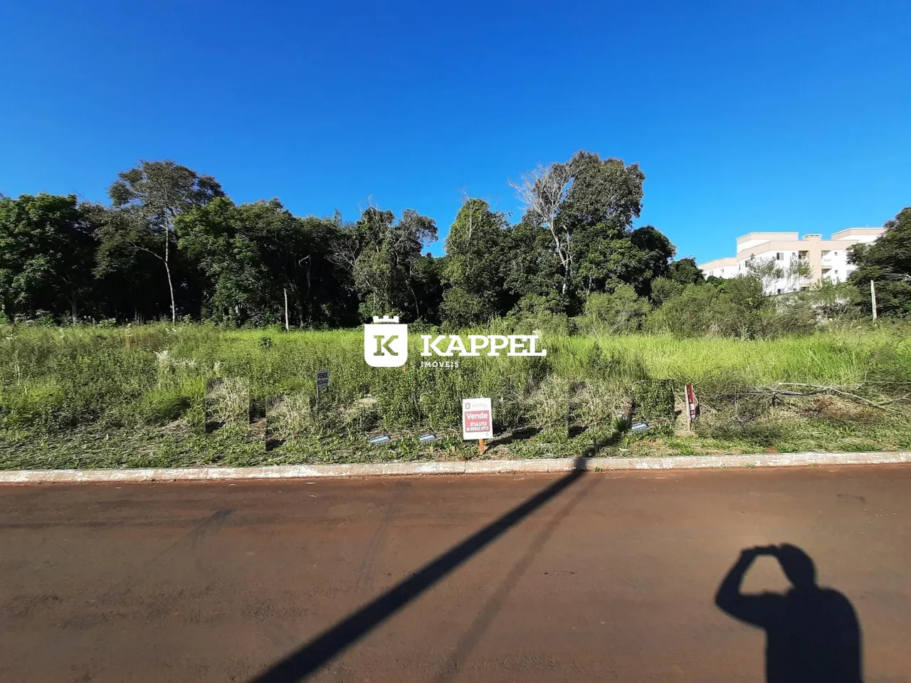 Vista externa de uma propriedade com vegetação e árvores ao fundo.