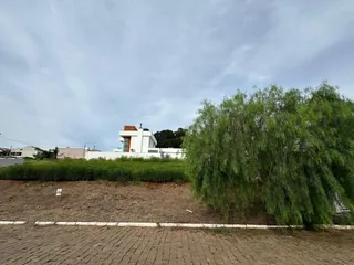 Uma vista externa mostra árvores e uma área de terra.