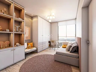 Quarto moderno com armários embutidos e piso de madeira clara.