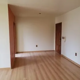 Ambiente interno com piso de madeira clara e porta de madeira em um imóvel.