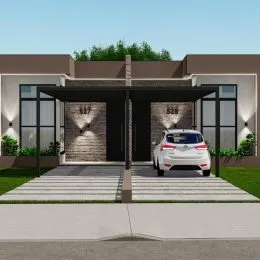 Fachada de uma residência moderna em Lajeado, Brasil, com entrada coberta.