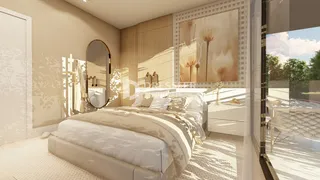 Quarto com cama e espelho em um ambiente claro.