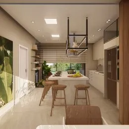 Cozinha moderna com ilha central e bancos de madeira.