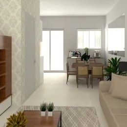 Sala de estar clara com piso claro e grande janela.