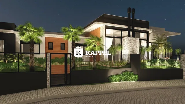 Fachada de uma residência moderna com paisagismo noturno.