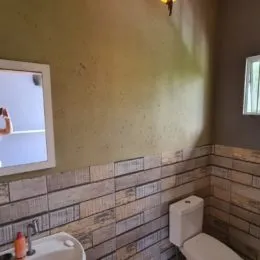 Parede com azulejos e um vaso sanitário são visíveis no ambiente.