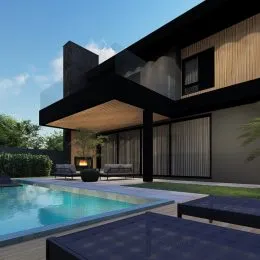 Fachada de uma casa moderna com piscina e área externa coberta.
