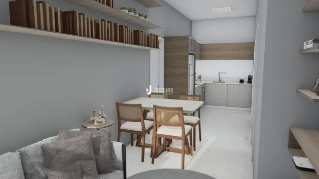 Ambiente interno com sala de jantar e cozinha em um imóvel.