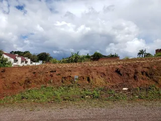Vista de um terreno com terra vermelha e vegetação rasteira.