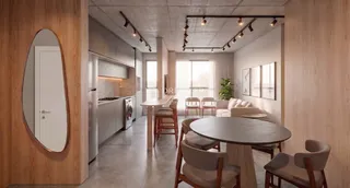 Interior de uma sala de estar e jantar moderna com acabamentos em madeira.