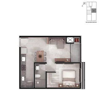 Planta baixa de um apartamento mostrando a disposição da sala, cozinha, quarto e banheiro.