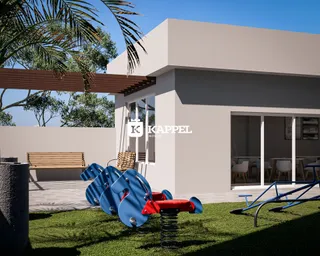 Fachada de uma casa moderna em Lajeado, Brasil, com jardim e área externa.