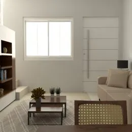 Foto de uma sala de estar com uma grande janela.