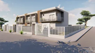 Fachada de uma casa moderna em Lajeado, Brasil, com varanda e muro branco.