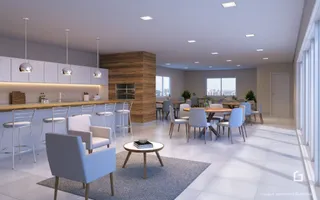 Sala de estar e jantar moderna com piso claro.
