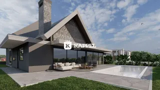 Fachada de uma casa moderna com piscina e área externa.